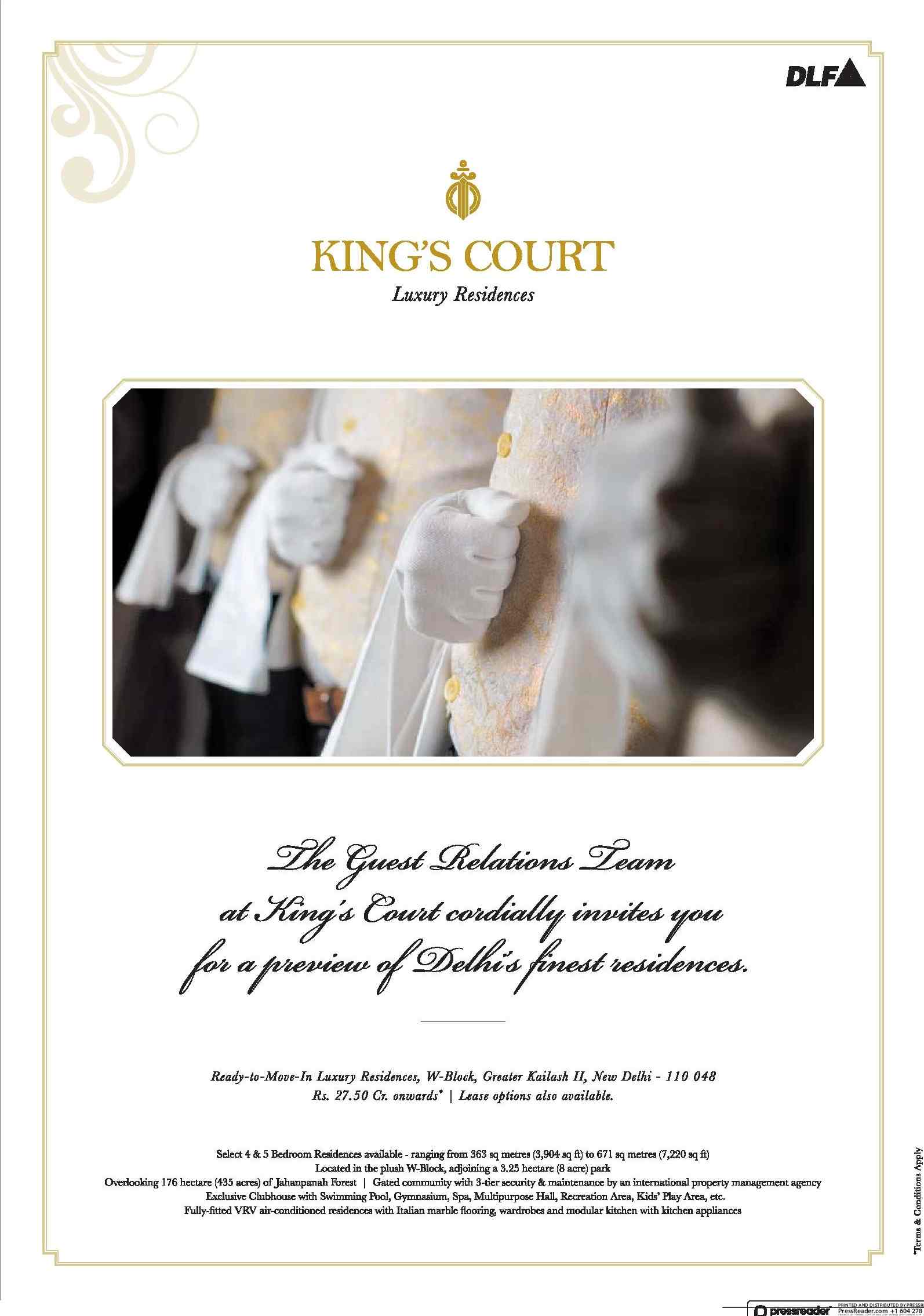 Book ready to move-in luxury residences starting from Rs. 27.50 cr. onwards at DLF Kings Court in New Delhi Update